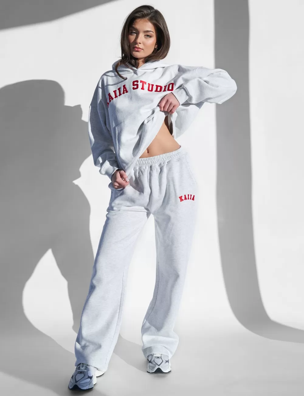 Hot Public Desire Kaiia Logo Wide Leg Joggers Light Marl and Red Grey