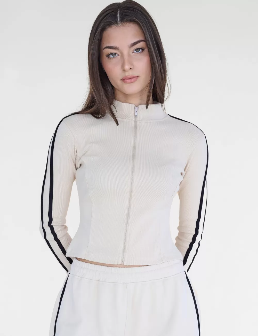 Discount Public Desire Kaiia Motocross Ribbed Zip Up Long Sleeve Top & Black Stone