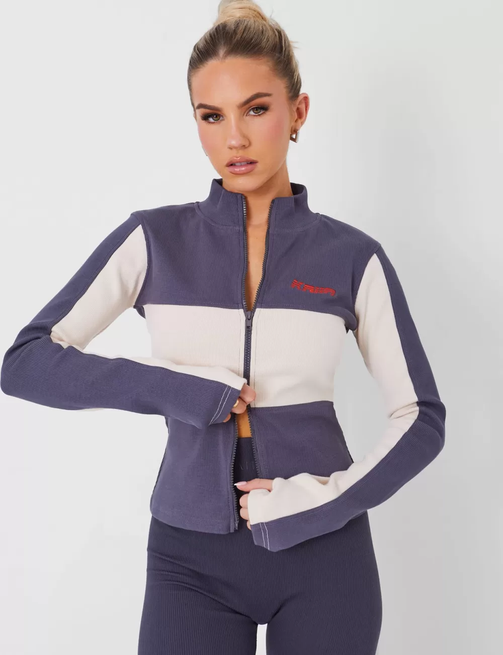 Clearance Public Desire Kaiia Motocross Zip Through Ribbed Long Sleeve Top Dark Grey