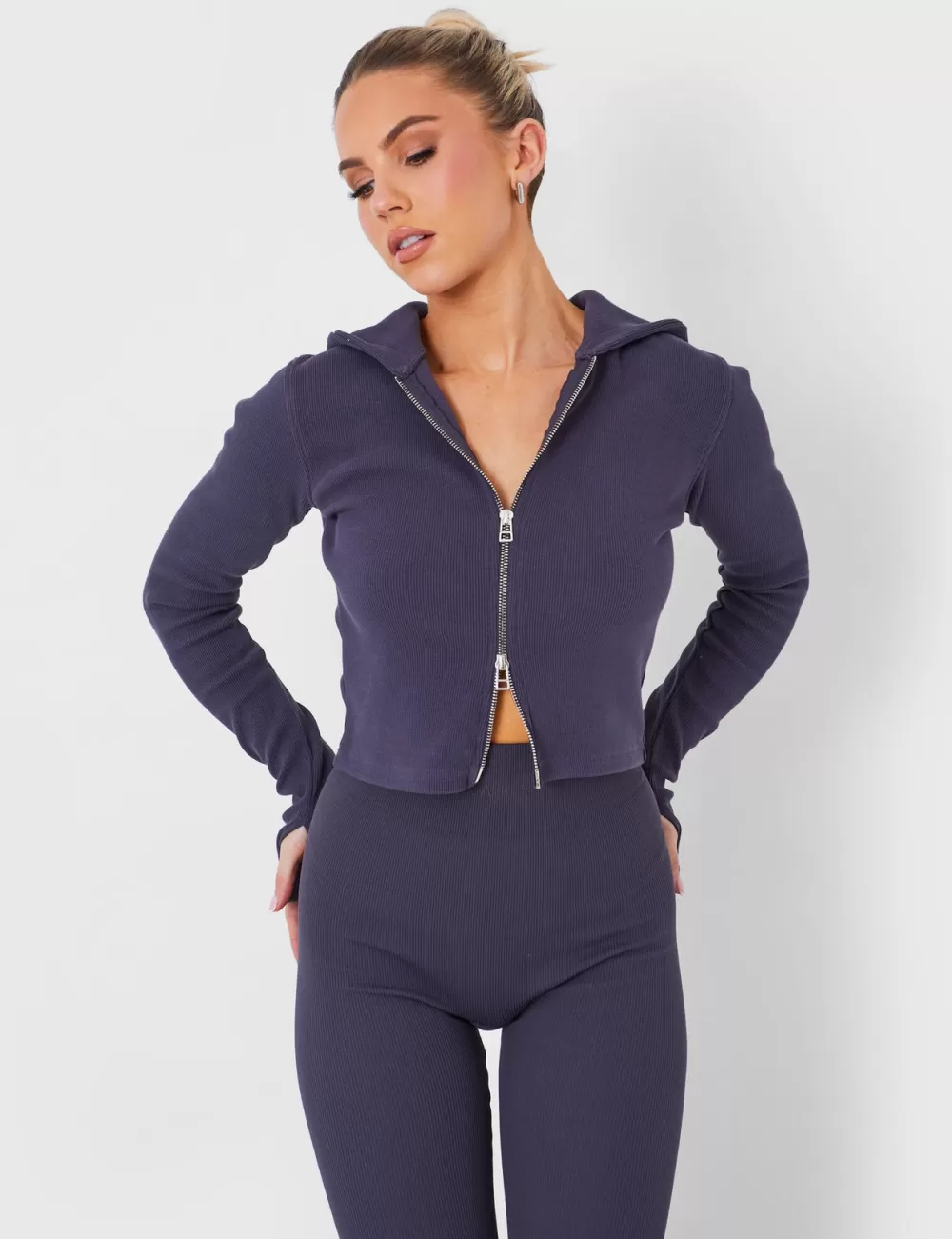 Cheap Public Desire Kaiia Rib Zip Through Hoodie in Dark Grey