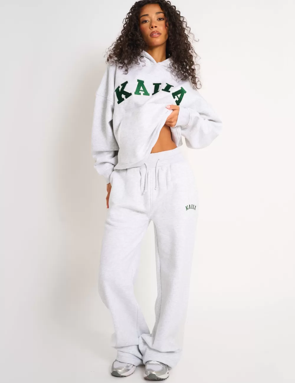 Hot Public Desire Kaiia Ribbed Waistband Wide Leg Joggers Light Grey Marl & Forest Green Light_grey_marl