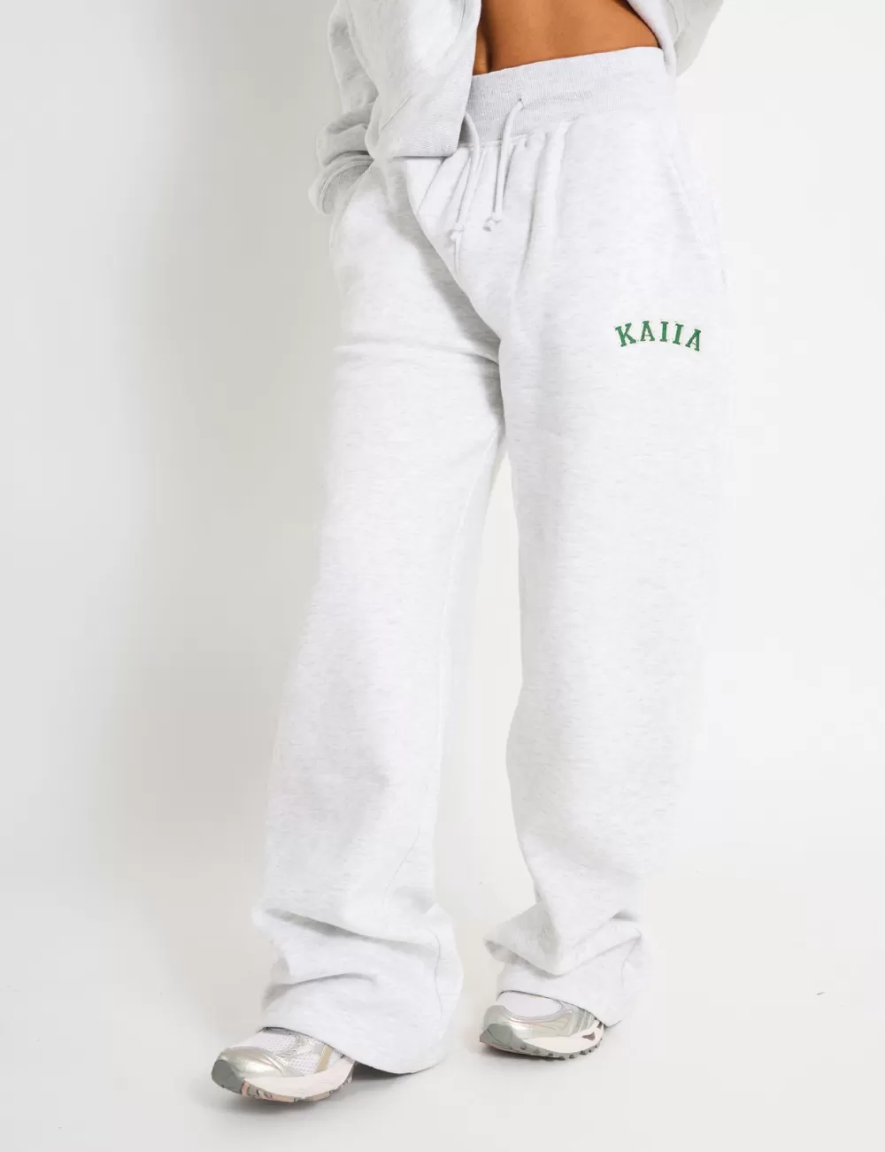 Hot Public Desire Kaiia Ribbed Waistband Wide Leg Joggers Light Grey Marl & Forest Green Light_grey_marl