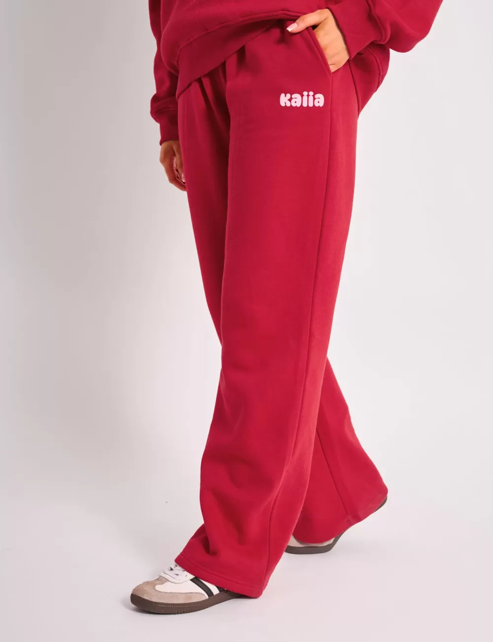 Best Public Desire Kaiia Ribbed Waistband Wide Leg Joggers Red & Pink Red_pink