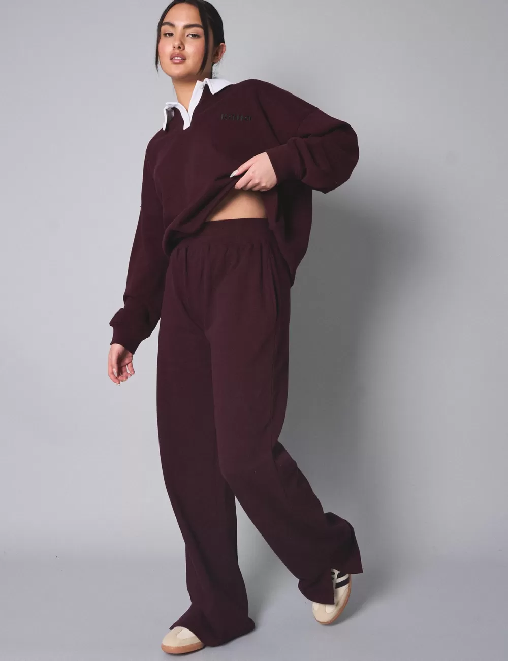 New Public Desire Kaiia Ribbed Waistband Wide Leg Sweat Pants Burgundy