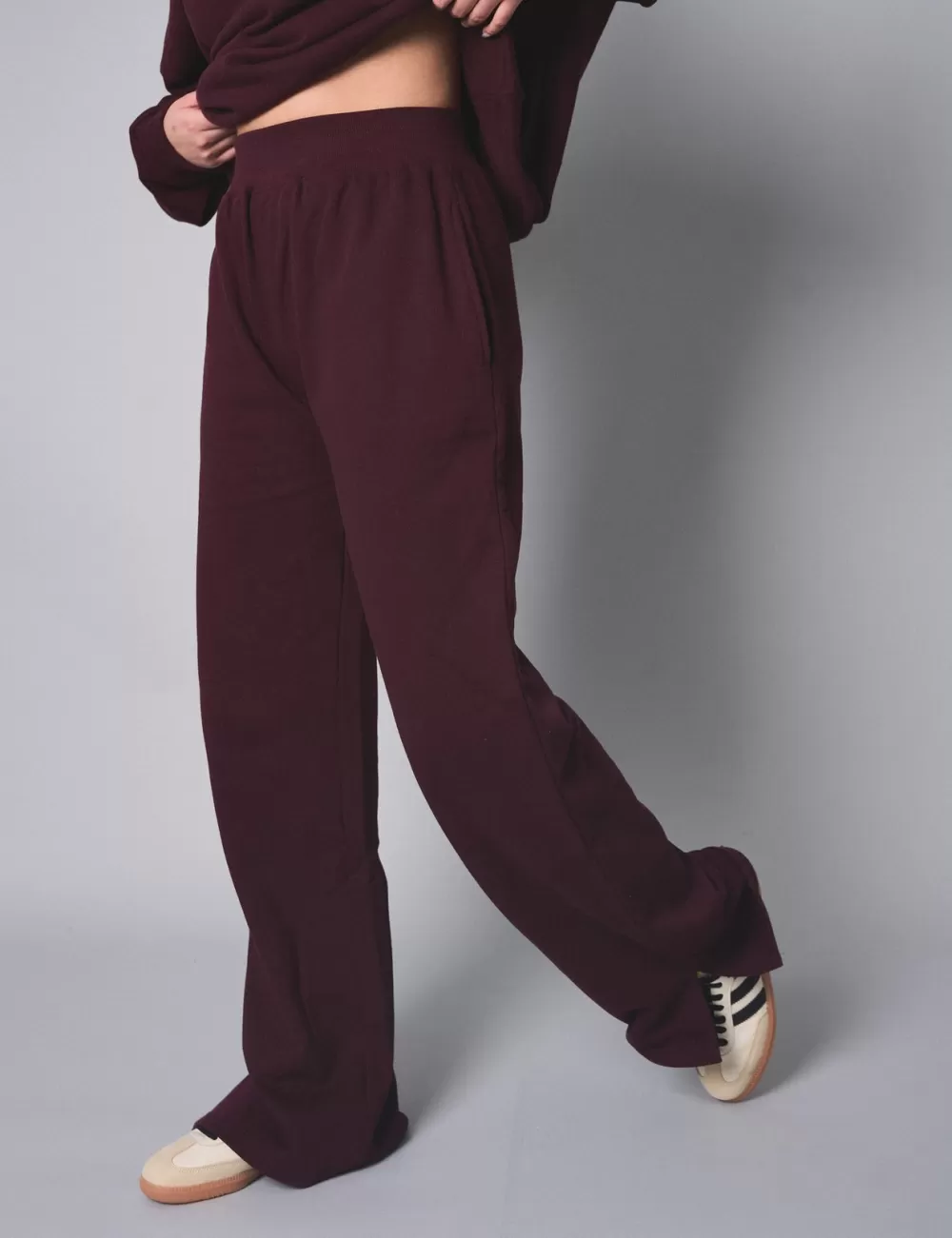 New Public Desire Kaiia Ribbed Waistband Wide Leg Sweat Pants Burgundy