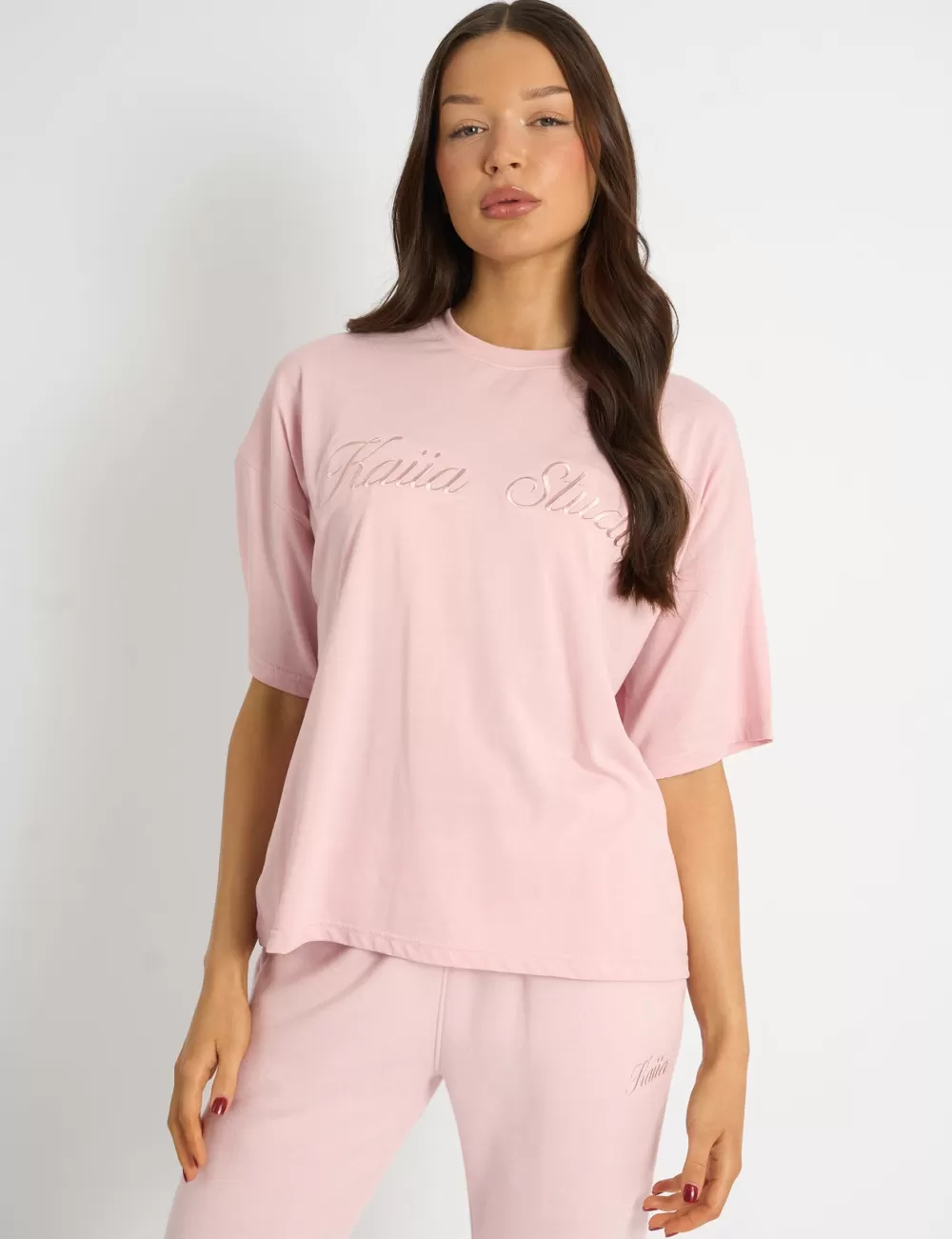 Discount Public Desire Kaiia Script Logo Oversized T-Shirt Pink Chai Pink_chai