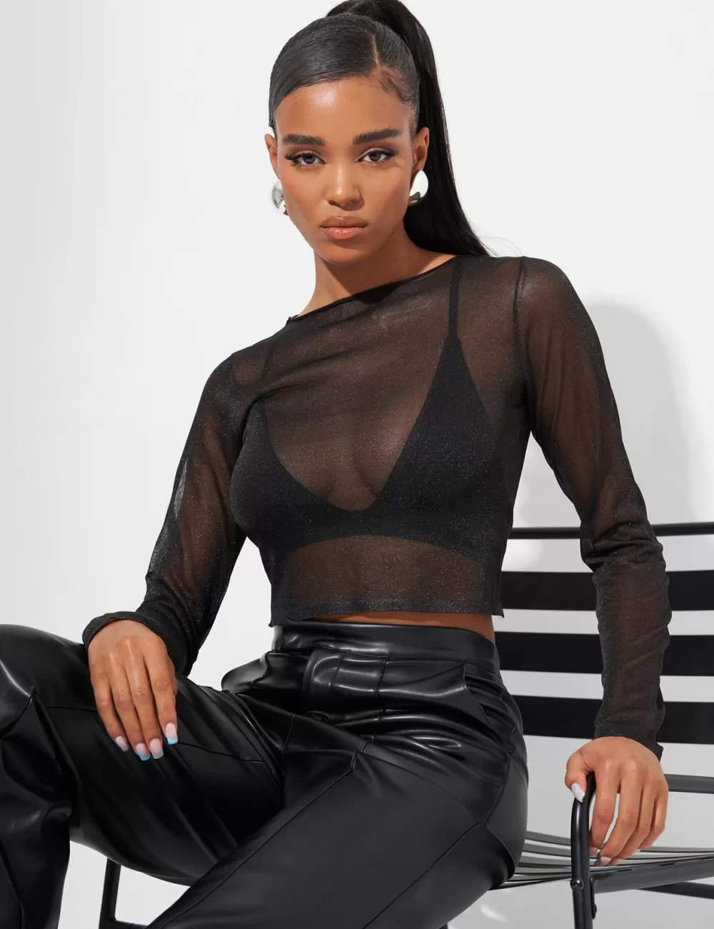 Clearance Public Desire Kaiia Sheer Knit Top in Glitter Black