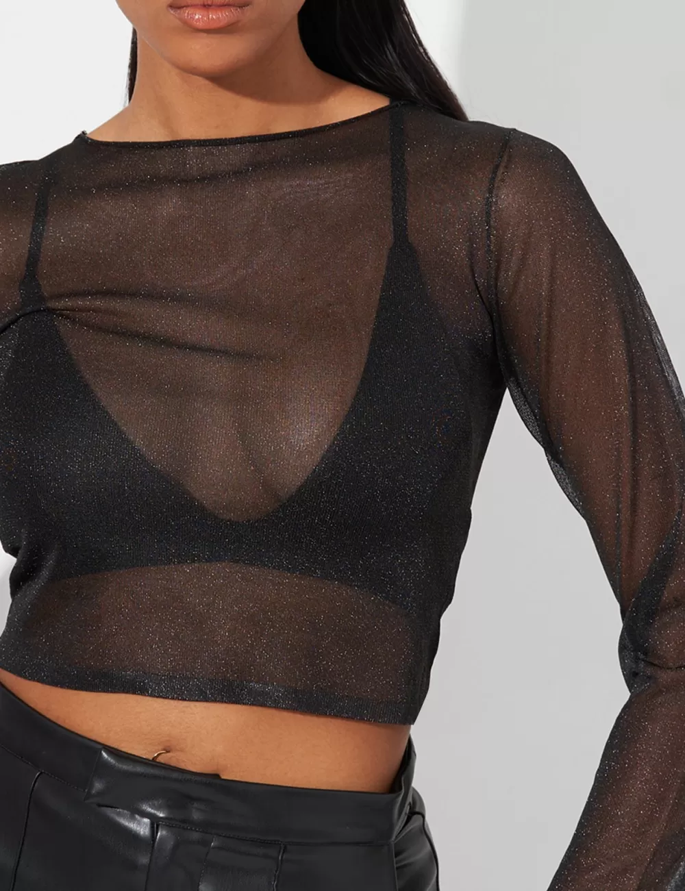 Clearance Public Desire Kaiia Sheer Knit Top in Glitter Black