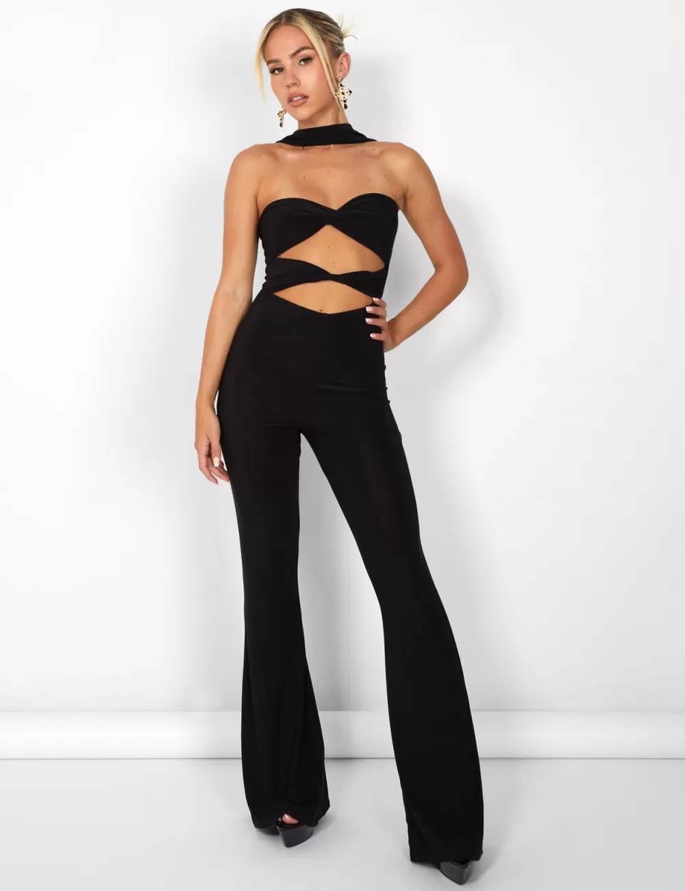 Hot Public Desire Kaiia Slinky Choker Cut Out Jumpsuit in Black