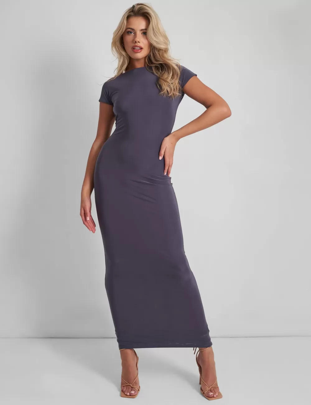 Online Public Desire Kaiia Slinky Low Back Maxi Dress Charcoal Grey