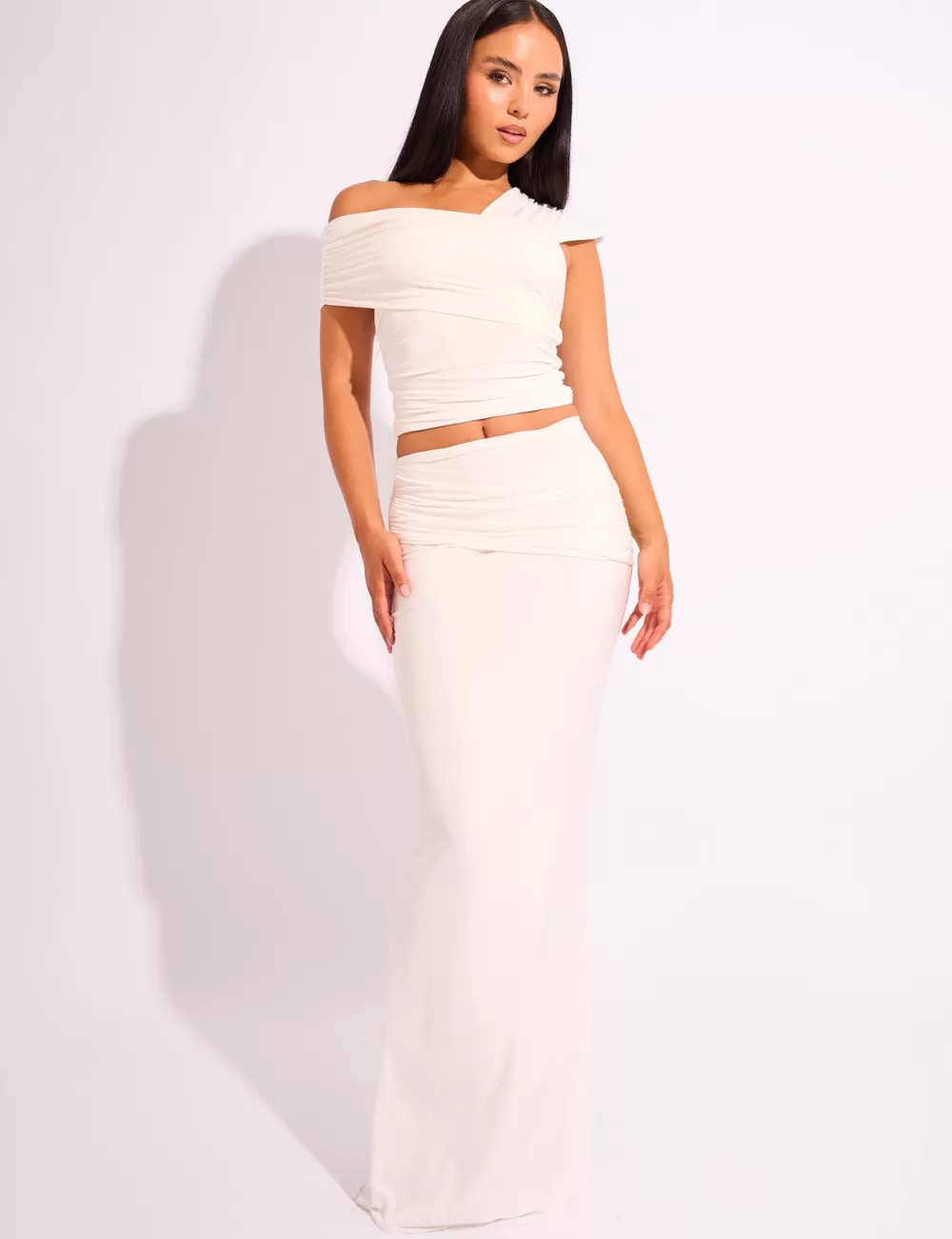 Shop Public Desire Kaiia Slinky Ruched Maxi Skirt Co-ord White