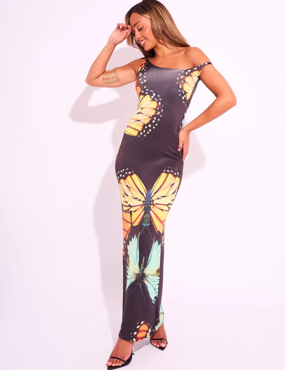 Flash Sale Public Desire Kaiia Slinky Twist Off Shoulder Butterfly Print Maxi Dress Black