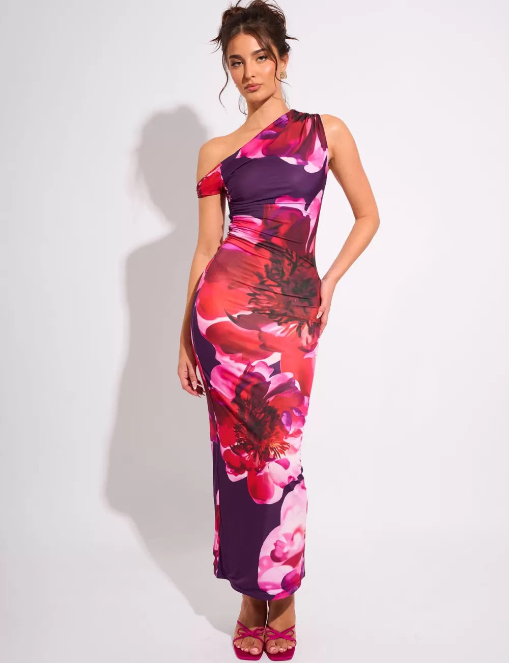 New Public Desire Kaiia Slinky Twist Off Shoulder Flower Print Maxi Dress Purple