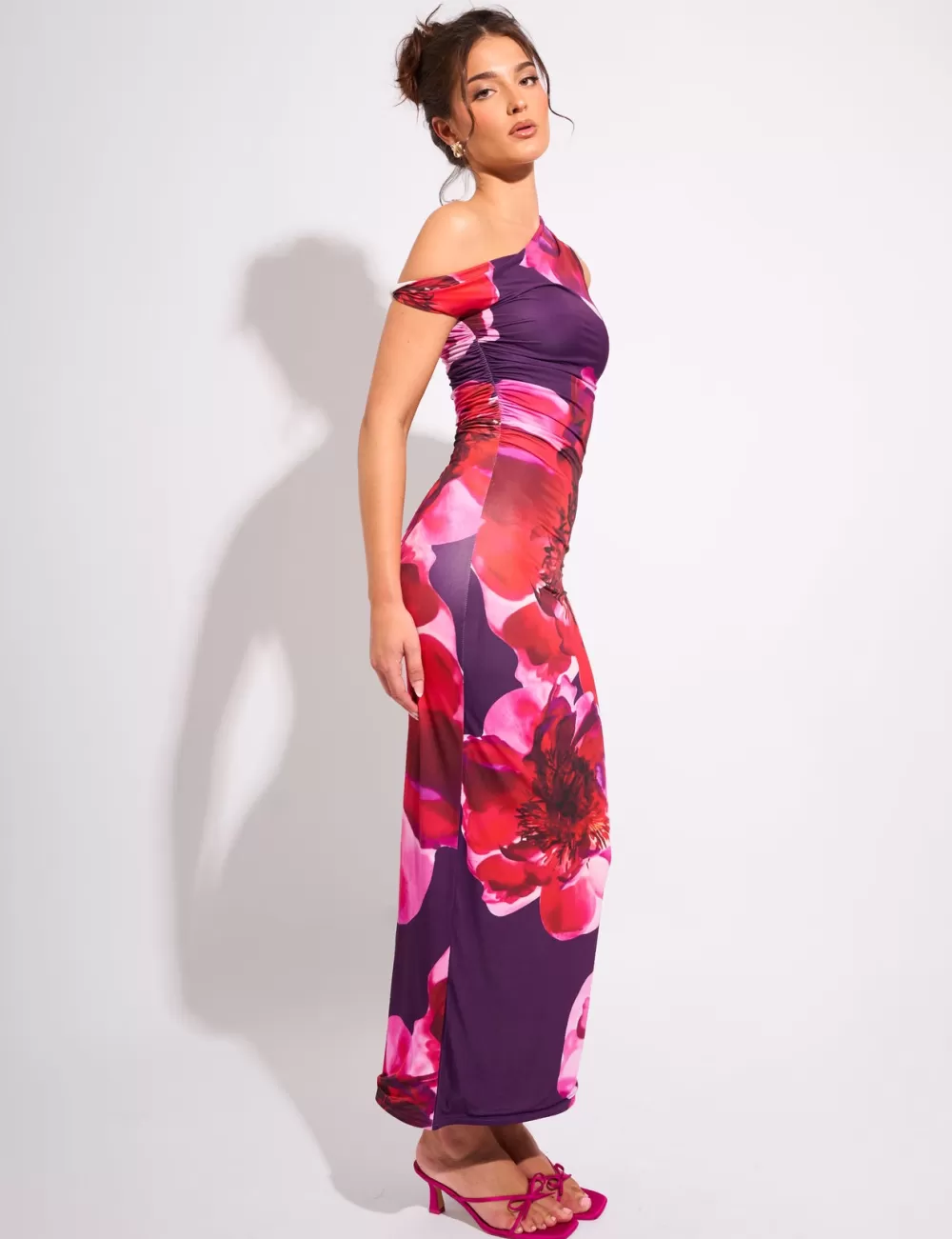 New Public Desire Kaiia Slinky Twist Off Shoulder Flower Print Maxi Dress Purple