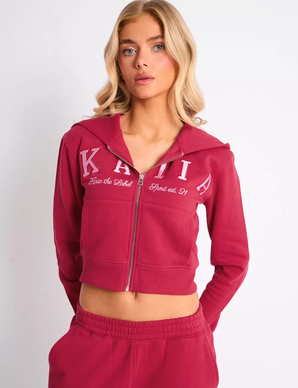 Sale Public Desire Kaiia Slogan Cropped Zip Up Hoodie Cranberry & Pink Cranberry_pink