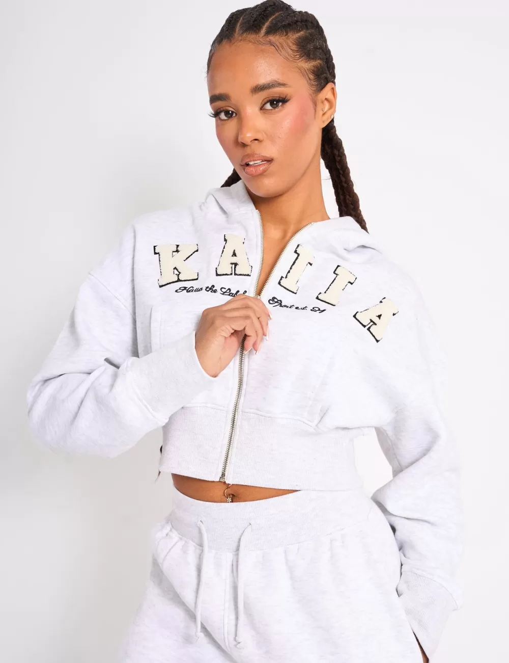 Best Public Desire Kaiia Slogan Cropped Zip Up Hoodie Light Grey Marl & White Light_grey_marl_white