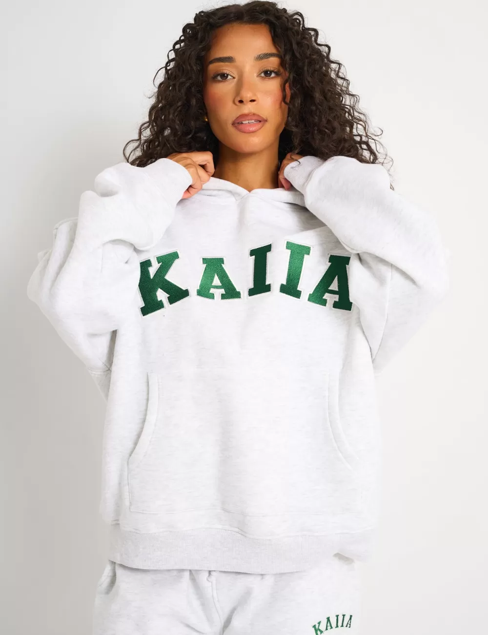 Discount Public Desire Kaiia Slogan Oversized Hoodie Light Grey Marl & Forest Green Light_grey_marl_forest_green