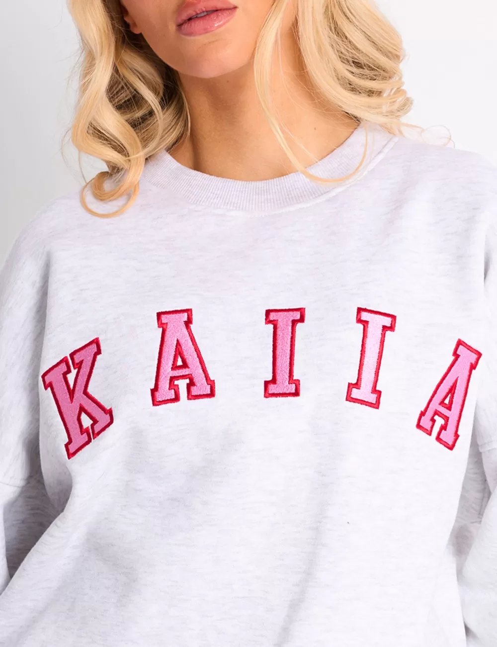 Best Public Desire Kaiia Slogan Oversized Sweatshirt Light Grey Marl & Pink Contrast Light_grey_marl_red/pink