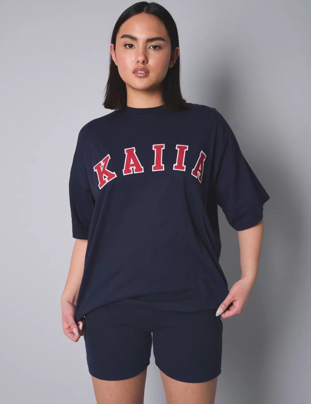 New Public Desire Kaiia Slogan Oversized Top Navy With Red