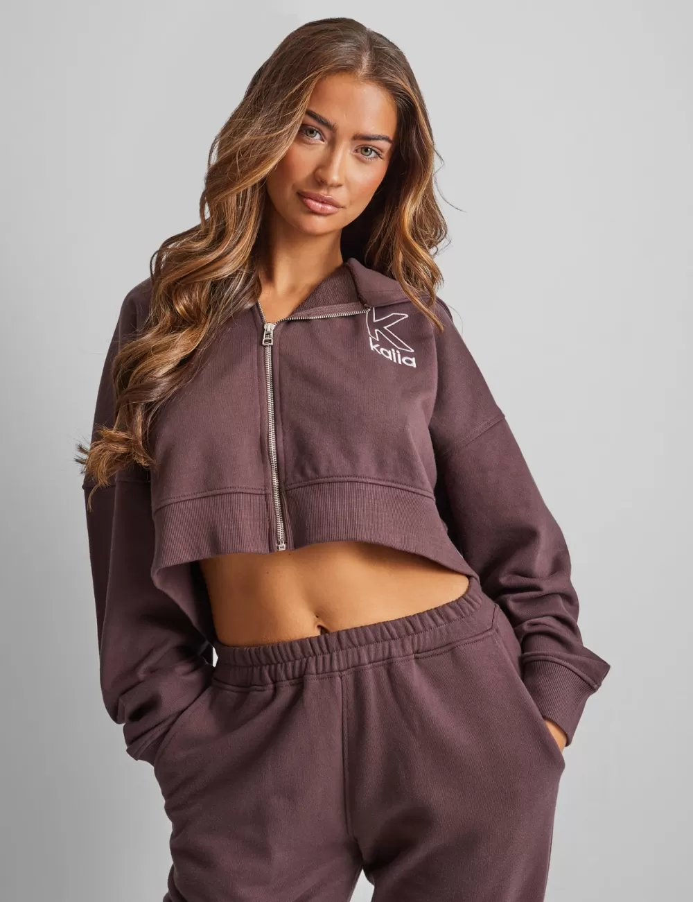 Shop Public Desire Kaiia Slogan Zip Through Cropped Hoodie Brown