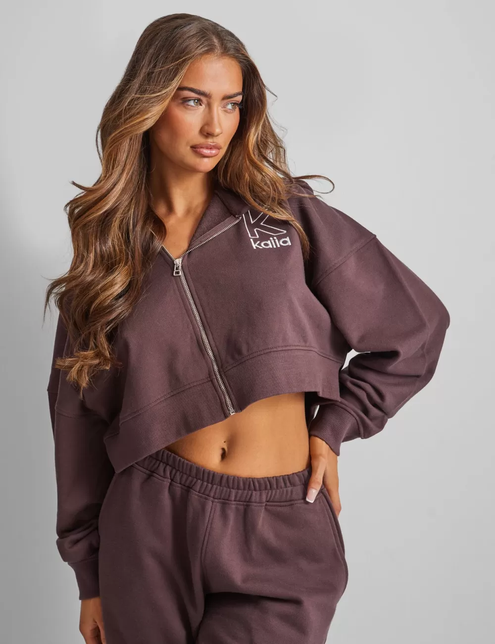 Shop Public Desire Kaiia Slogan Zip Through Cropped Hoodie Brown