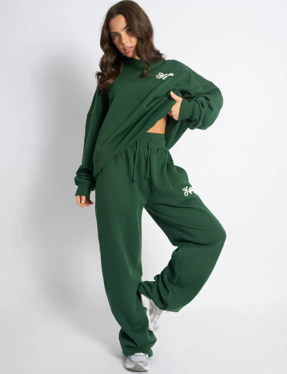 Fashion Public Desire Kaiia Snowflake Logo Ribbed Waistband Wide Leg Joggers Forest Green Forest_green