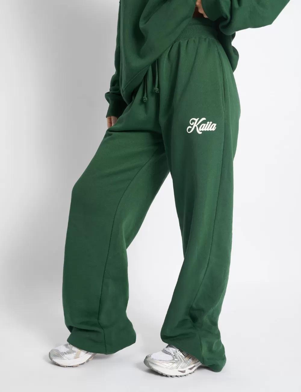 Fashion Public Desire Kaiia Snowflake Logo Ribbed Waistband Wide Leg Joggers Forest Green Forest_green