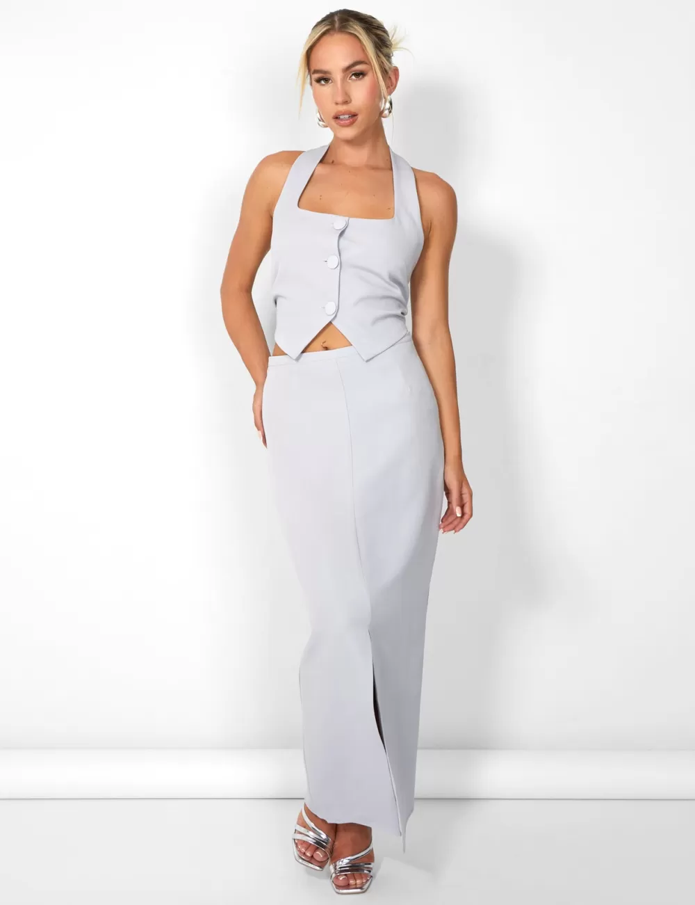 Outlet Public Desire Kaiia Split Front Maxi Skirt Co-ord in Grey