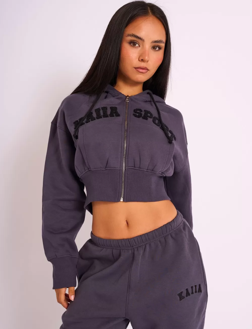 Best Public Desire Kaiia Sport Logo Zip Through Cropped Hoodie Dark Grey Dark_grey