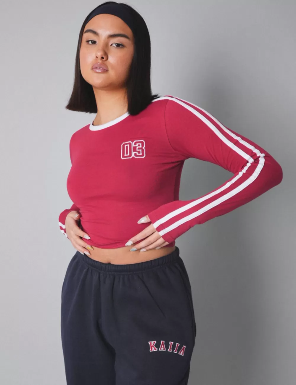 Best Sale Public Desire Kaiia Sporty Long Sleeve Tee with Contrast Binding in and White Red