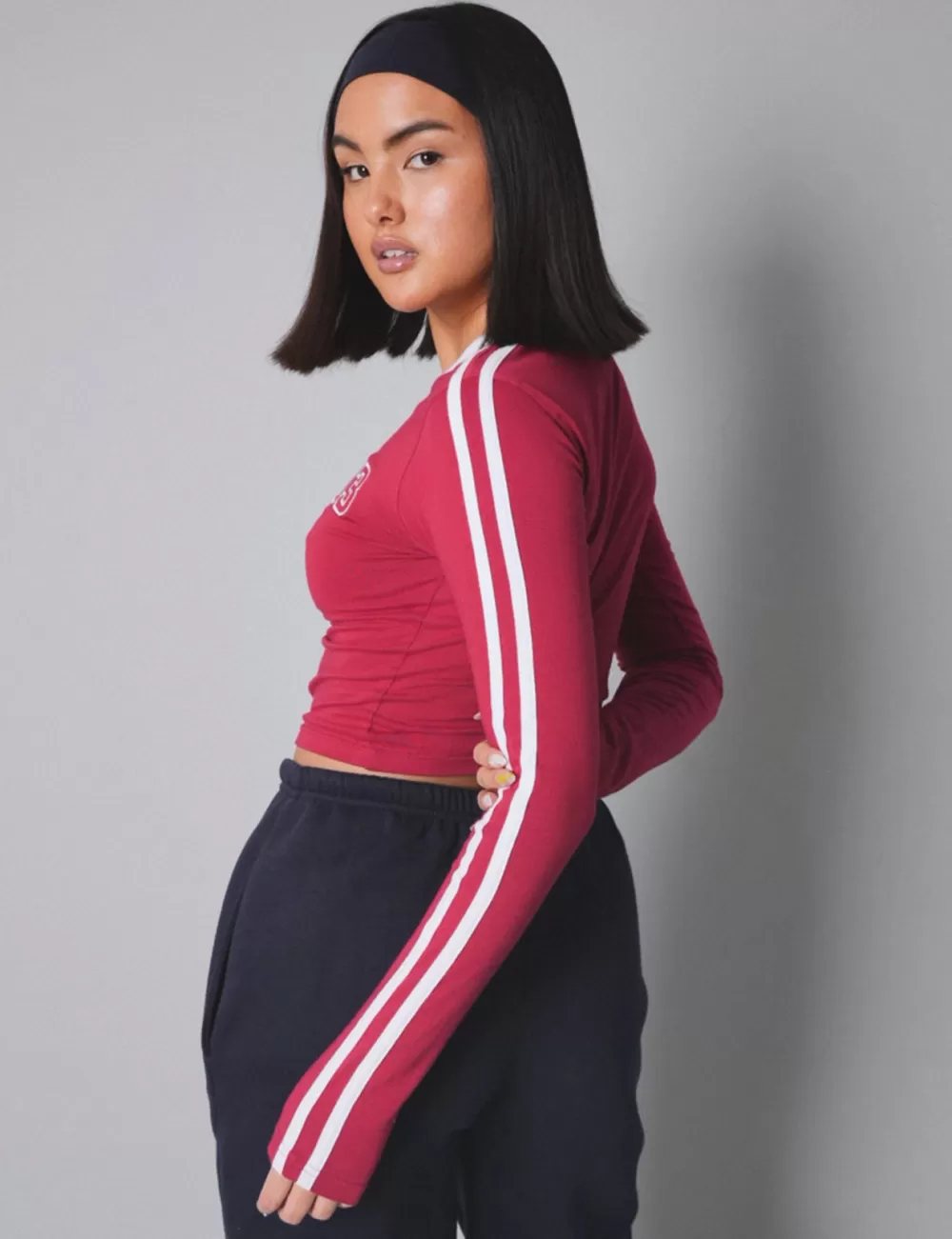Best Sale Public Desire Kaiia Sporty Long Sleeve Tee with Contrast Binding in and White Red