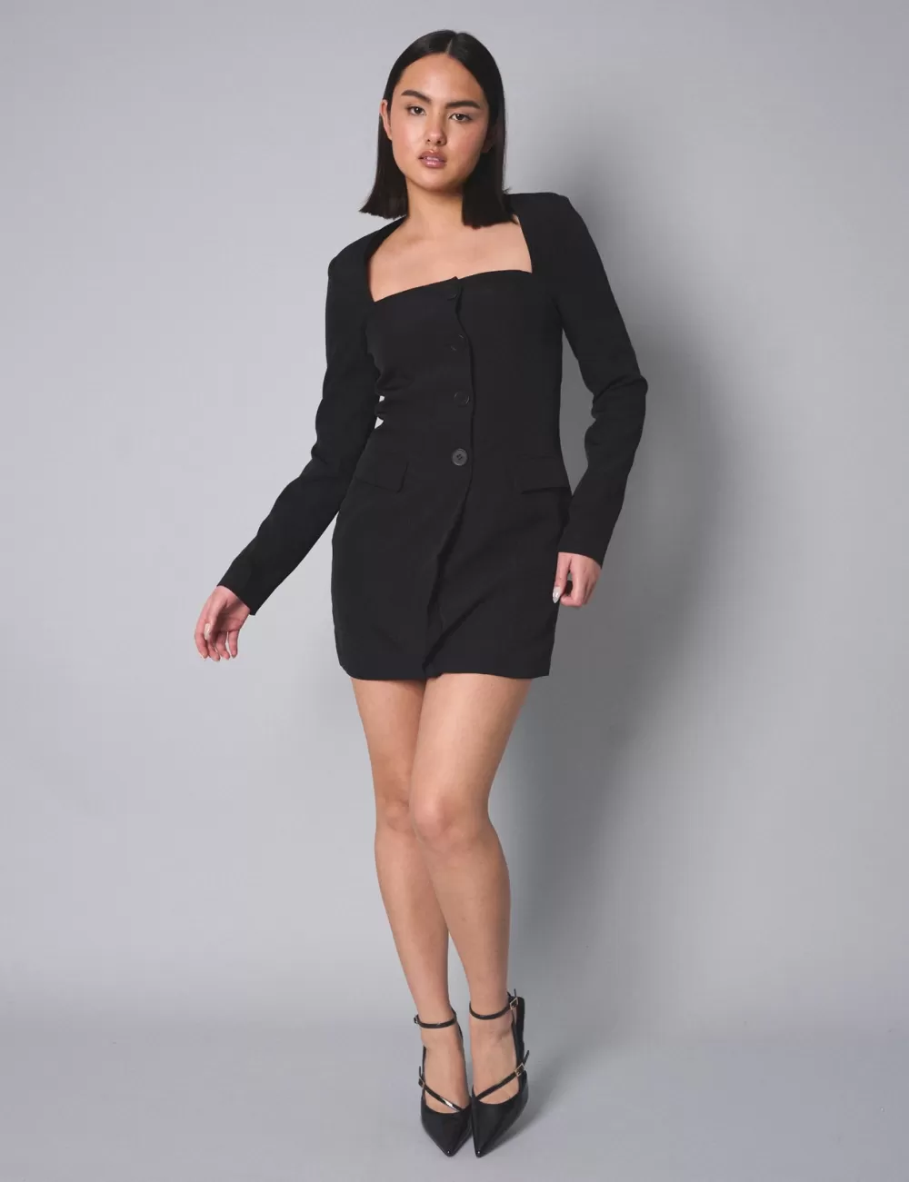 Outlet Public Desire Kaiia Square Neck Long Sleeve Tailored Dress Black