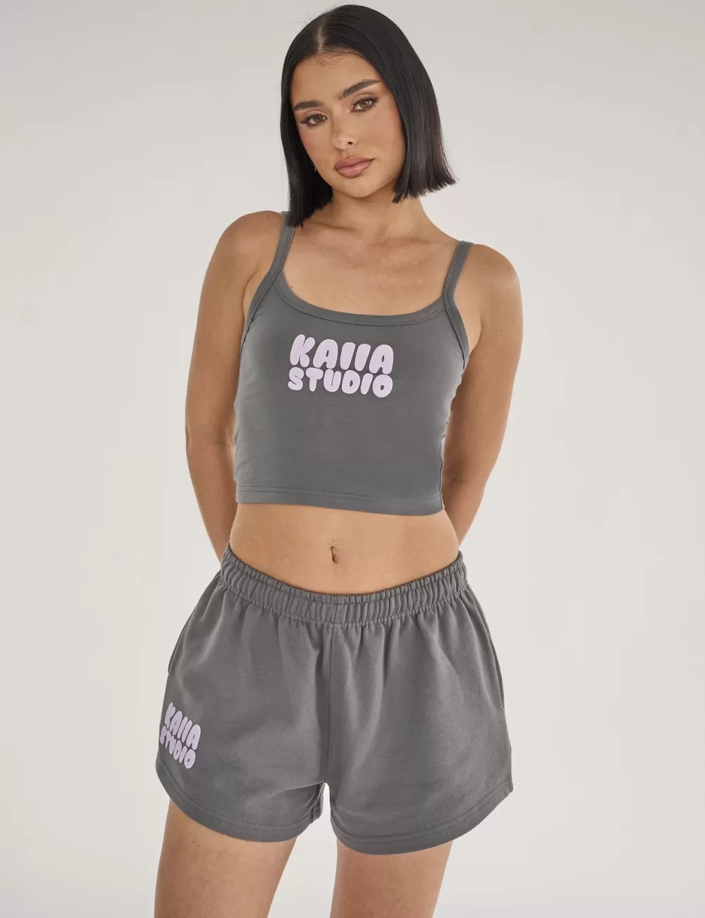 Fashion Public Desire Kaiia Studio Bubble Logo Cami Vest Top Dark Grey & Lilac Dark_grey