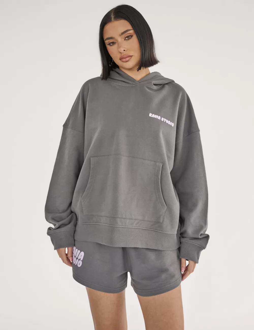 Outlet Public Desire Kaiia Studio Bubble Logo Oversized Hoodie Dark Grey & Lilac Dark_grey