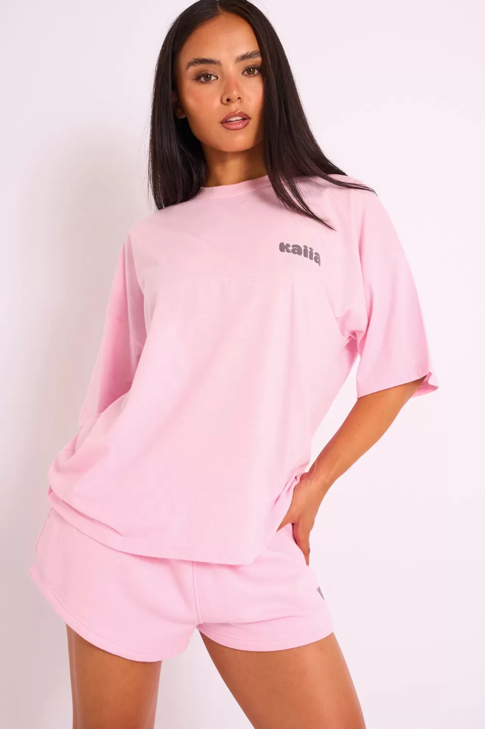 Clearance Public Desire Kaiia Studio Bubble Logo Oversized Tee in Pink Pink_grey