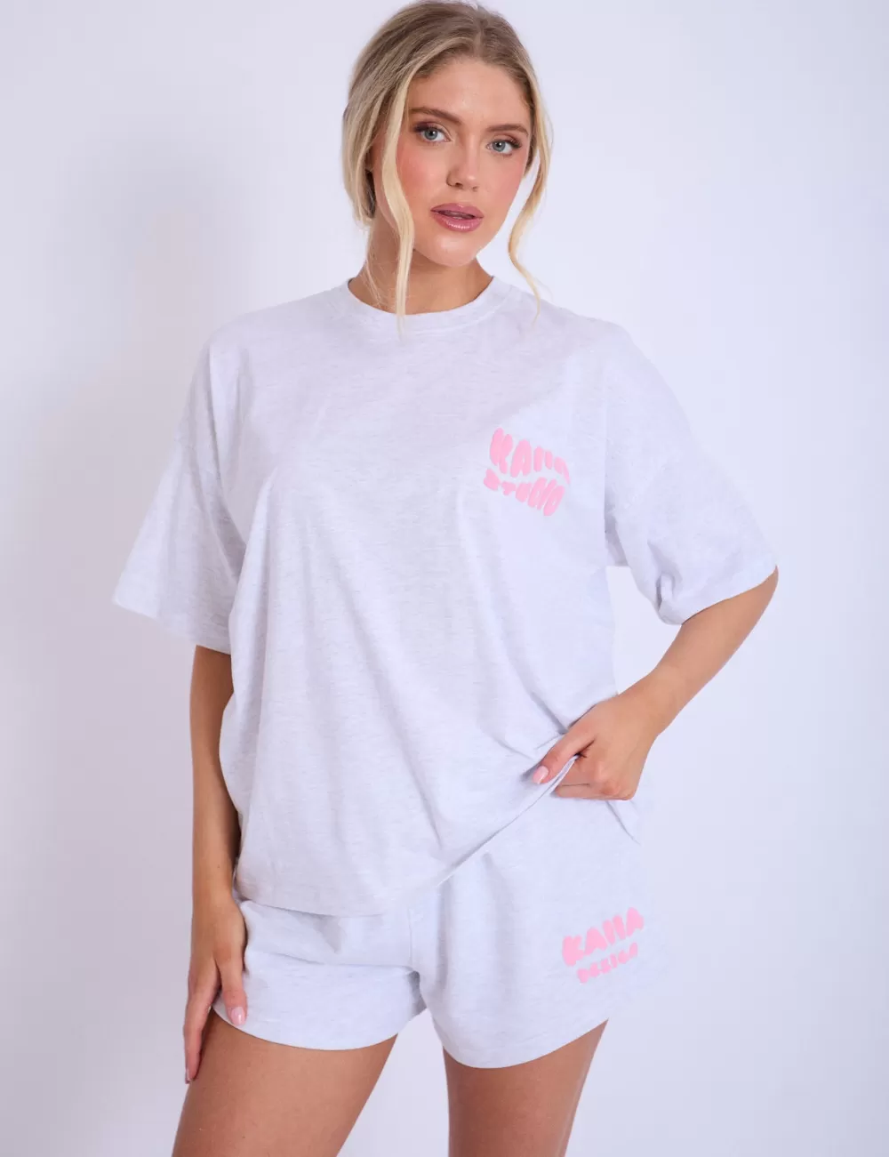 Flash Sale Public Desire Kaiia Studio Bubble Logo Oversized T-shirt Light Grey Marl & Pink Light_grey_marl