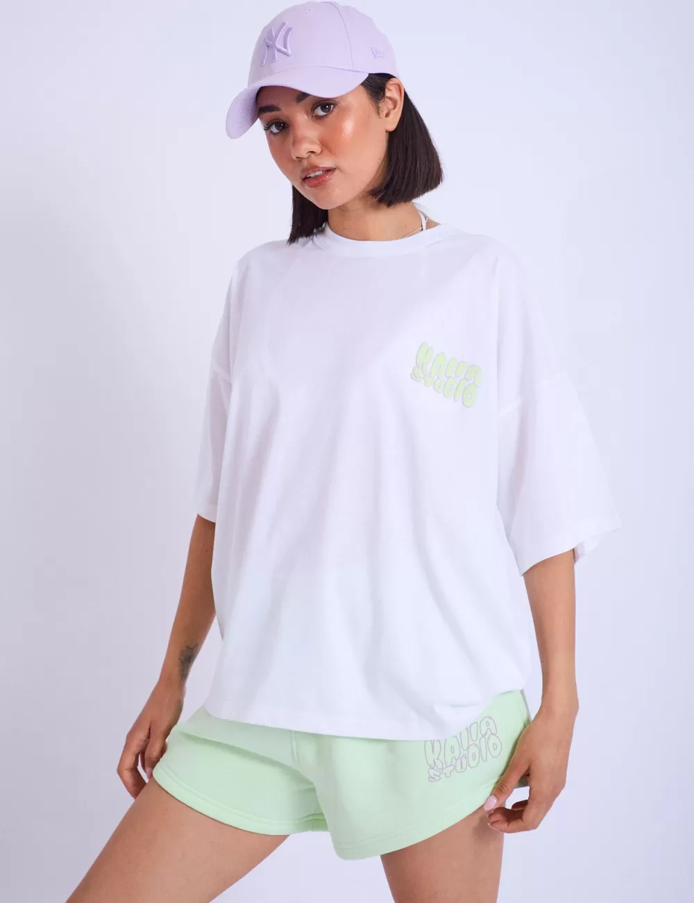 Online Public Desire Kaiia Studio Bubble Logo Oversized T-shirt & Lime White