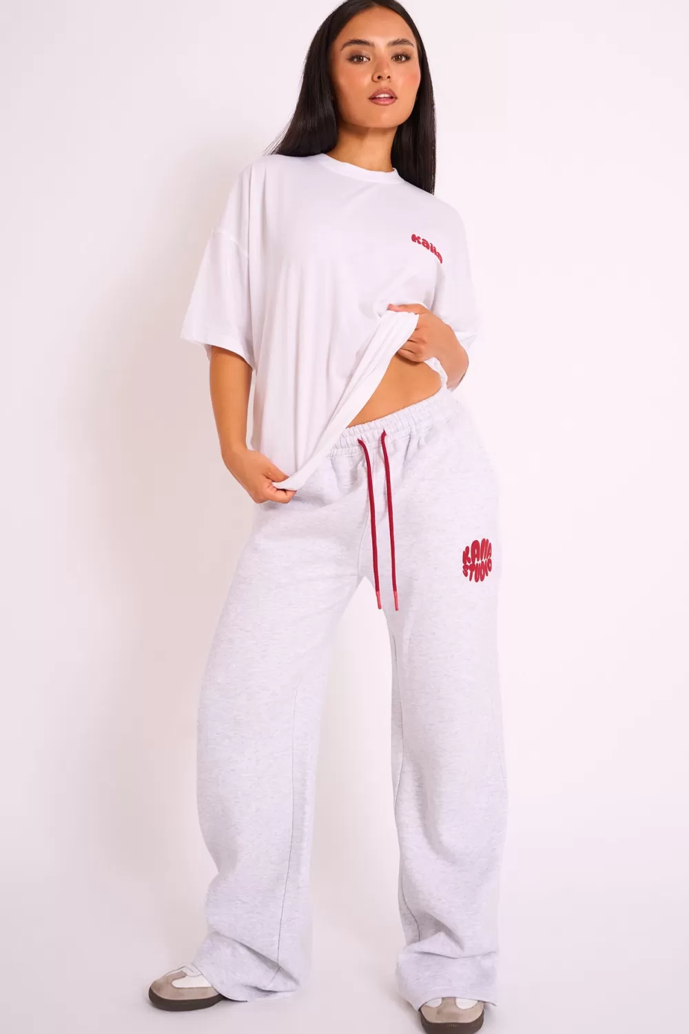 Clearance Public Desire Kaiia Studio Bubble Logo Wide Leg Jogger Grey Marl & Red Grey_marl_red