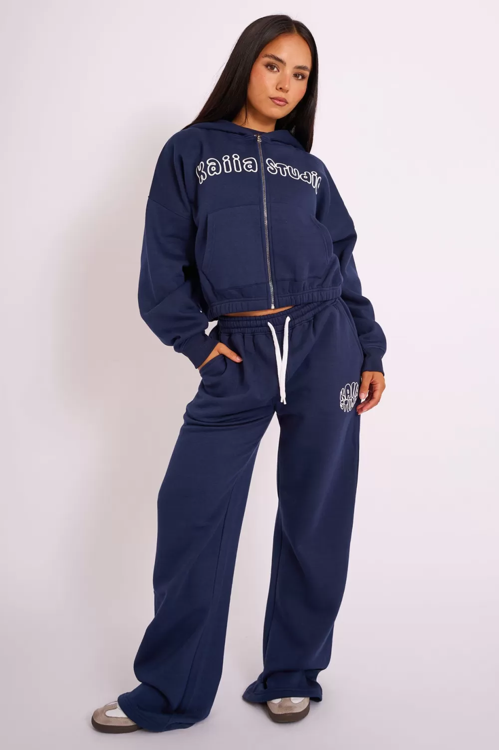 New Public Desire Kaiia Studio Bubble Logo Wide Leg Joggers Navy Navy_white