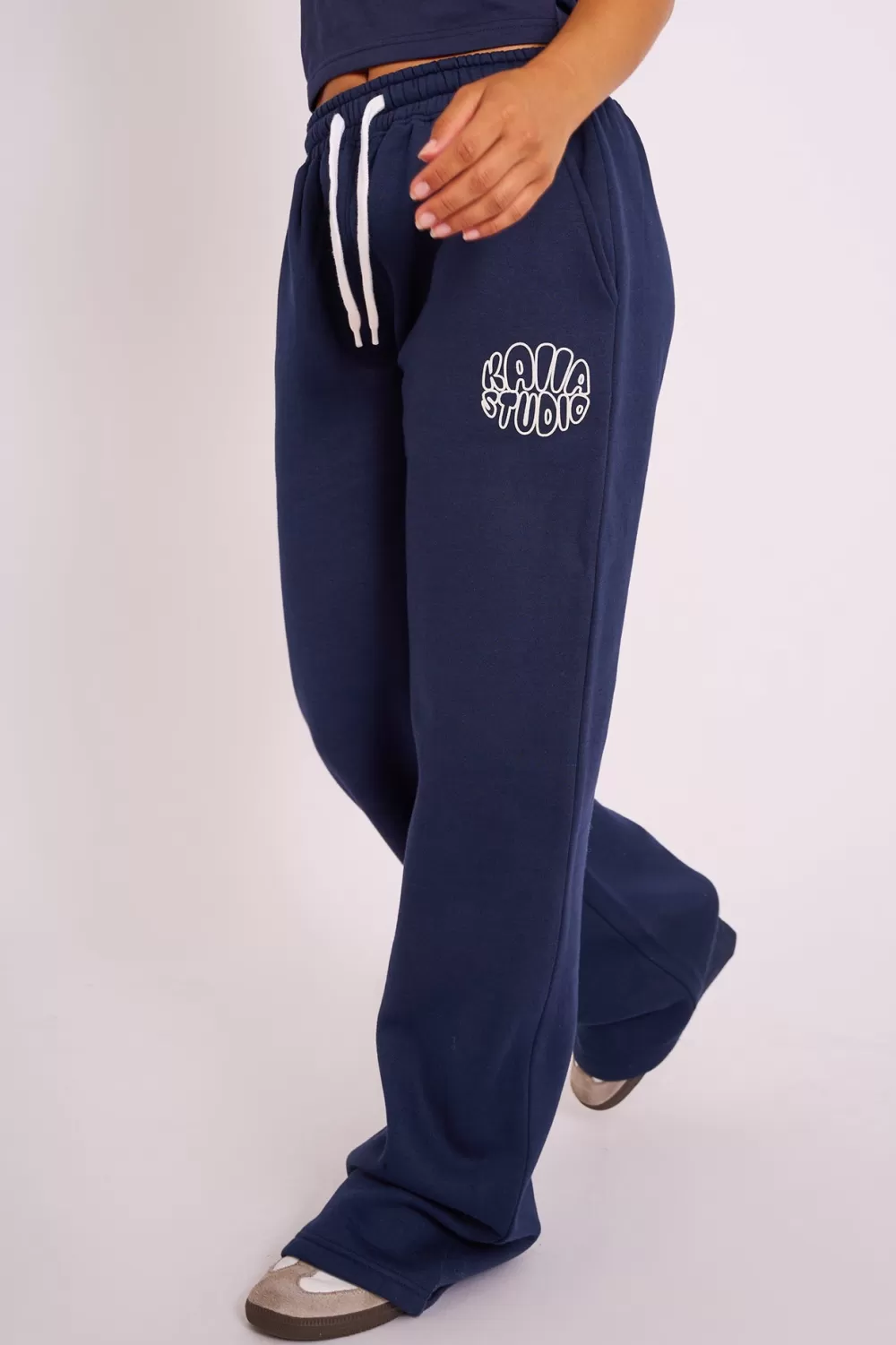 New Public Desire Kaiia Studio Bubble Logo Wide Leg Joggers Navy Navy_white