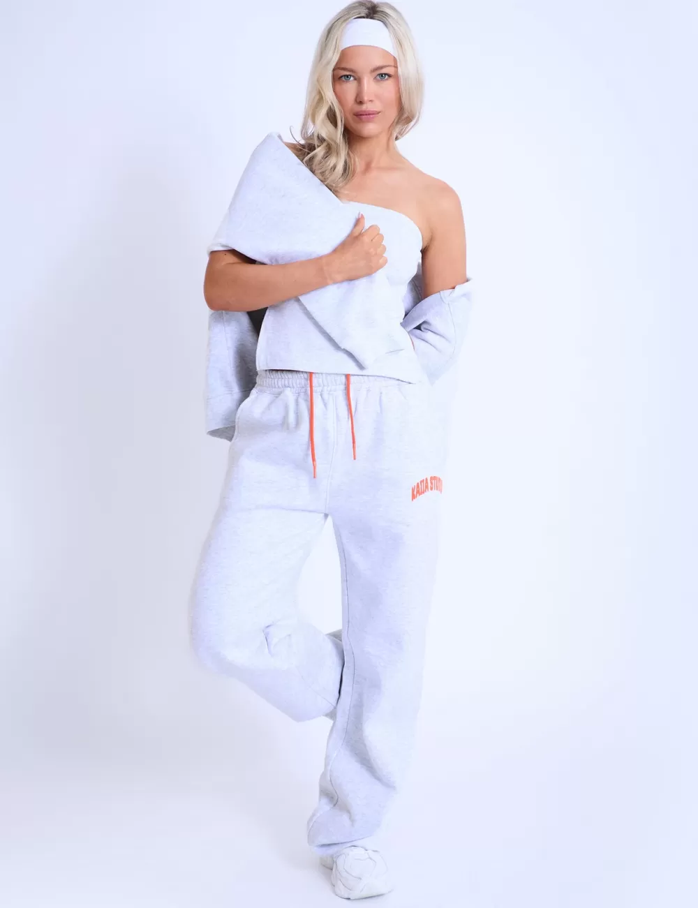 Discount Public Desire Kaiia Studio Bubble Logo Wide Leg Sweat Pants Light Grey Marl & Orange Light_grey_marl