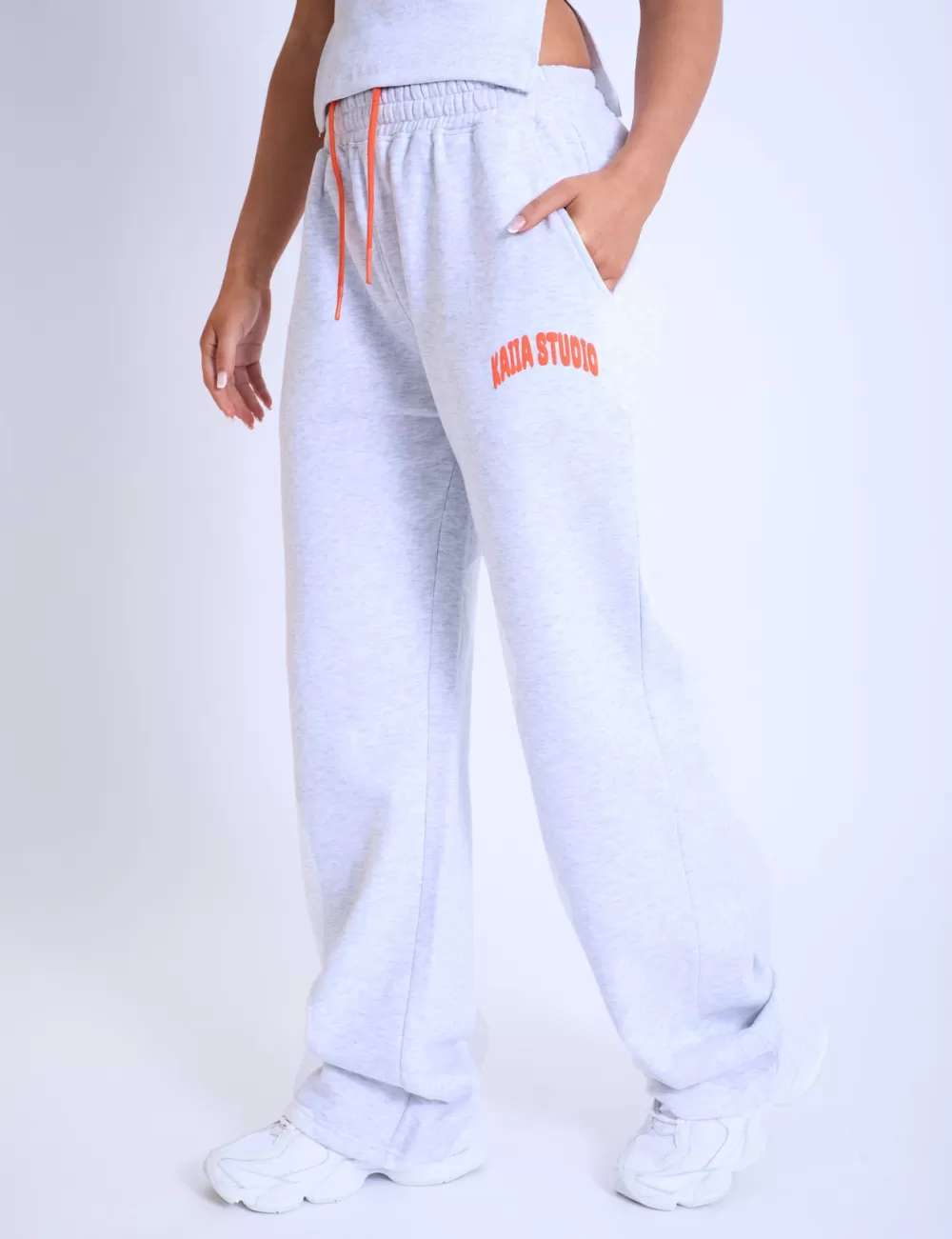 Discount Public Desire Kaiia Studio Bubble Logo Wide Leg Sweat Pants Light Grey Marl & Orange Light_grey_marl