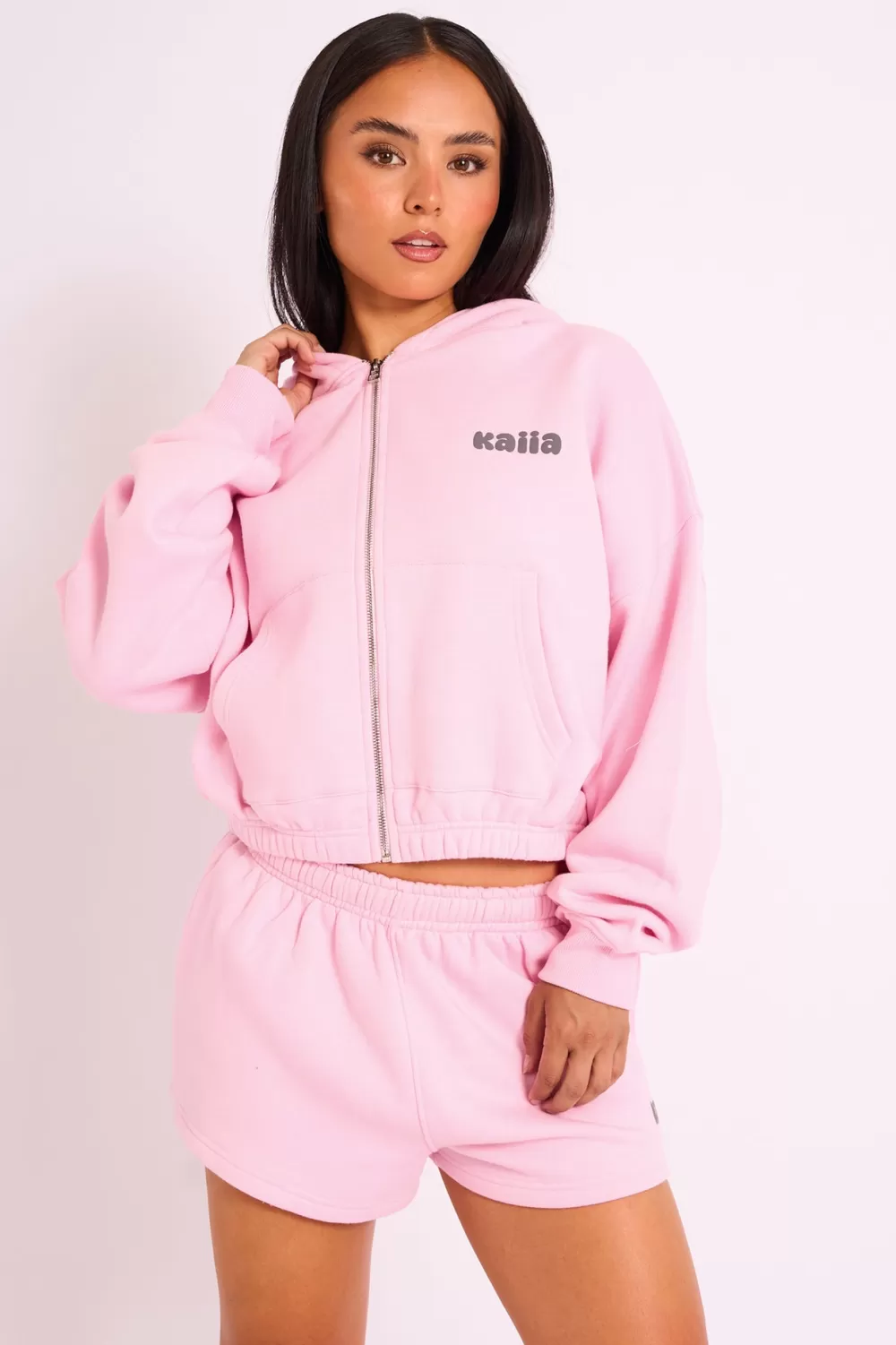 Flash Sale Public Desire Kaiia Studio Bubble Logo Zip Through Crop Hoodie Pink Pink_grey