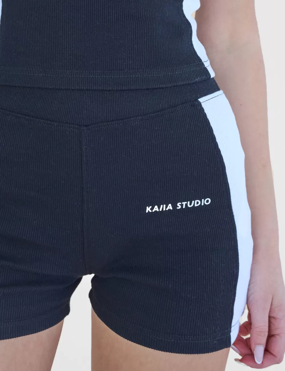 Cheap Public Desire Kaiia Studio Contrast Panel Ribbed Mini Shorts & White Black