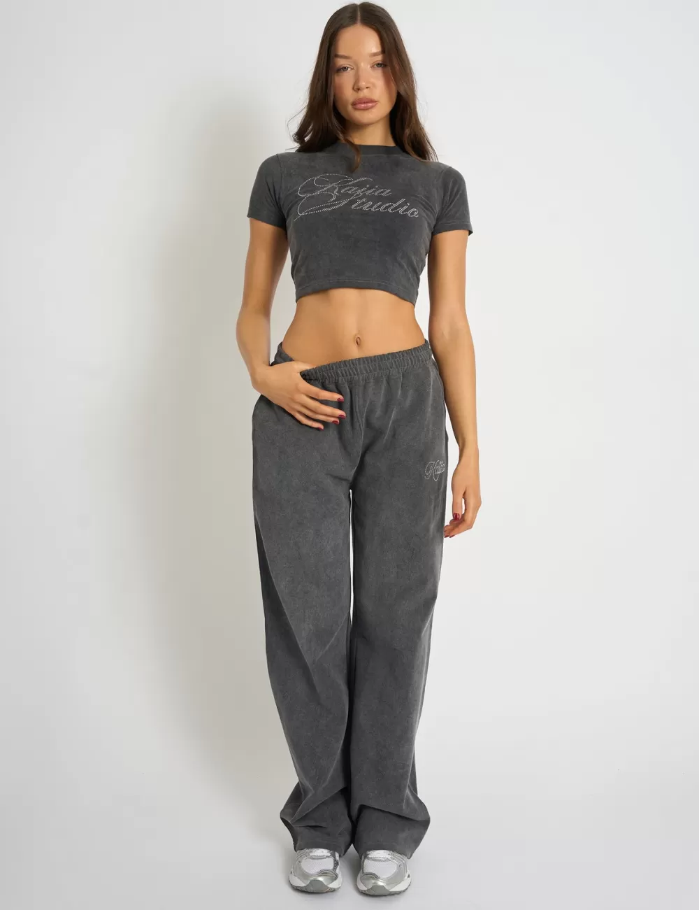 Outlet Public Desire Kaiia Studio Diamante Acid Wash Wide Leg Joggers Dark Grey Dark_grey