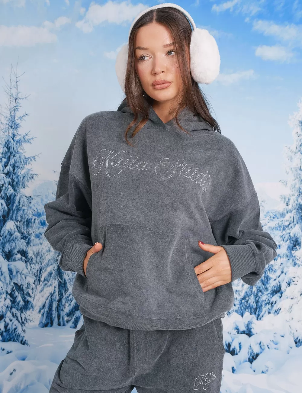 Hot Public Desire Kaiia Studio Diamante Embellished Acid Wash Oversized Hoodie Dark Grey Dark_grey
