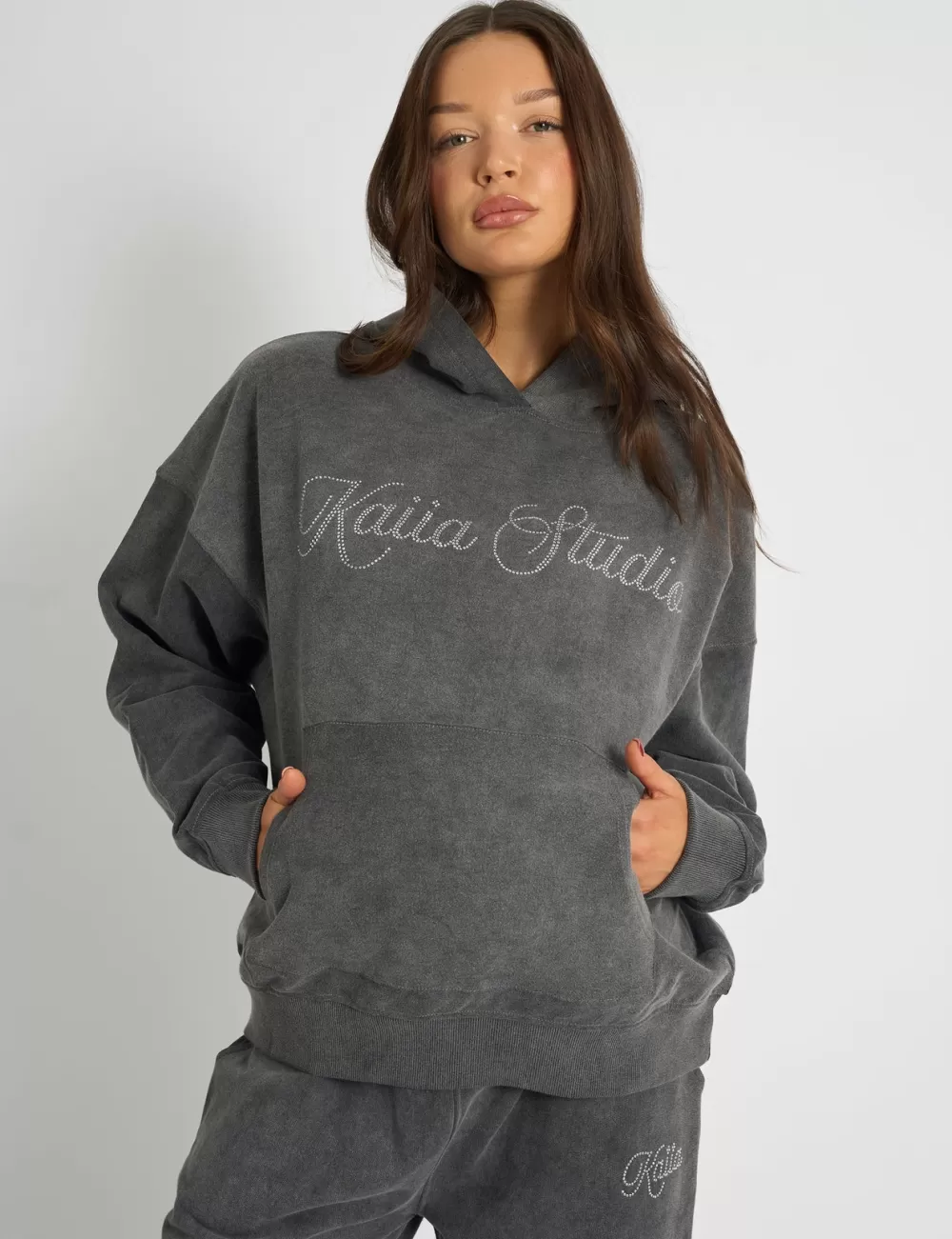Hot Public Desire Kaiia Studio Diamante Embellished Acid Wash Oversized Hoodie Dark Grey Dark_grey
