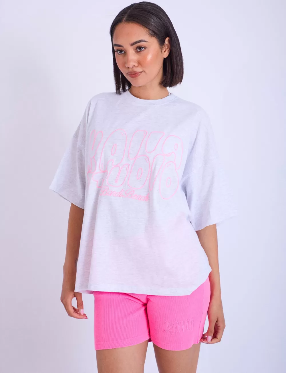Outlet Public Desire Kaiia Studio Embroidered Bubble Logo Oversized T-shirt Grey Marl & Pink Grey_marl
