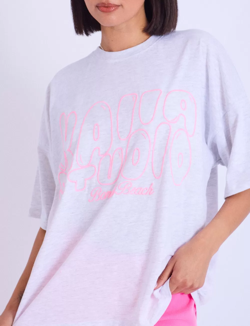 Outlet Public Desire Kaiia Studio Embroidered Bubble Logo Oversized T-shirt Grey Marl & Pink Grey_marl
