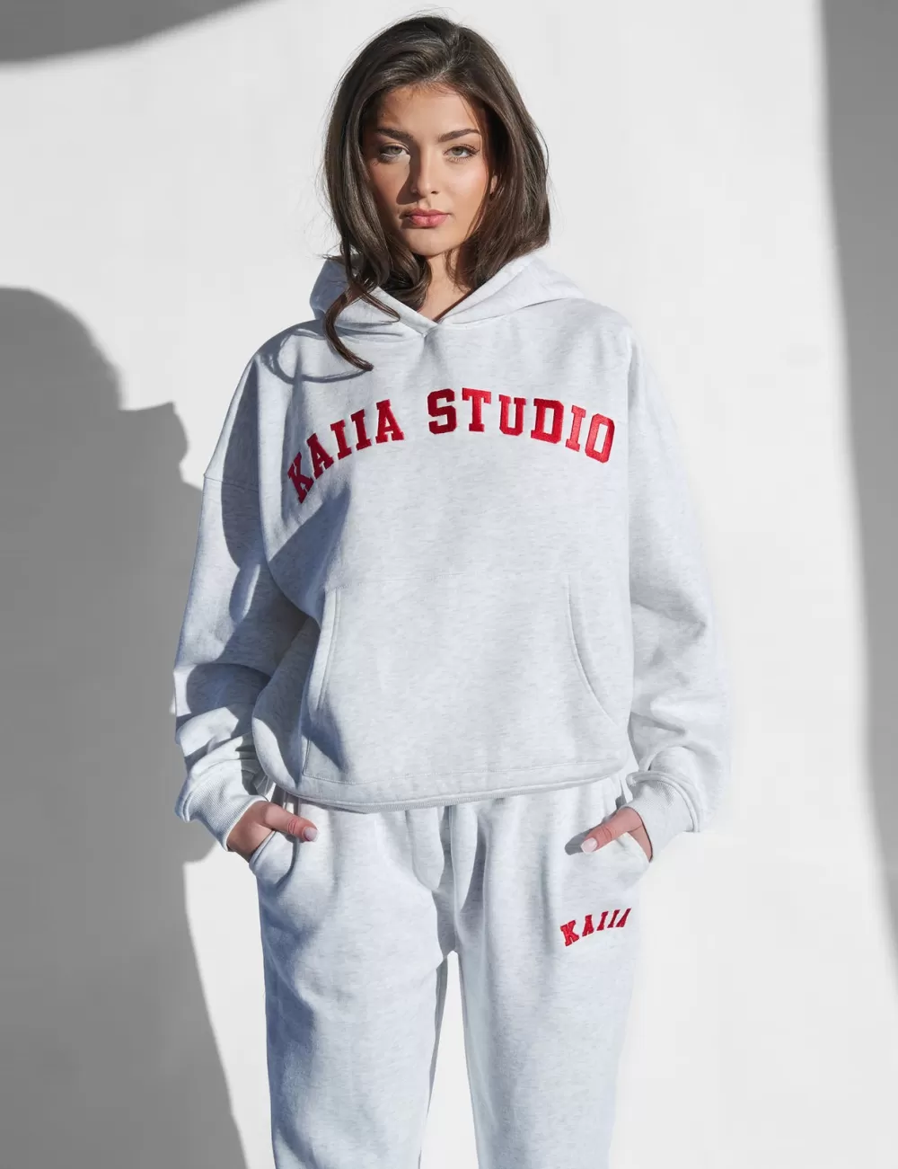 Best Sale Public Desire Kaiia Studio Oversized Hoodie Light Grey Marl & Red